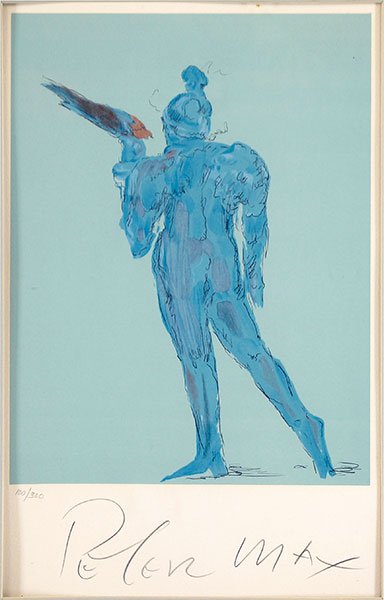 Peter Max (American, B. 1937) Circus Performer with: Peter Max (American, B. 1937) Circus Performer with Bird. Color lithograph, pencil numbered 100/300 LL and pencil signed lower center Sight: 11.5" x 9" Frame: 20" x 14"