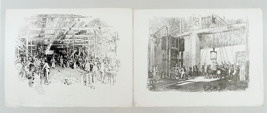 Joseph Pennell (American, 1857-1926) Two Lithographs.: Joseph Pennell (American, 1857-1926) Two Lithographs. Comprising 'Bottling the Big Shell' and 'The Shell Factory'. Each is pencil signed Largest Plate: 15.25" x 21"