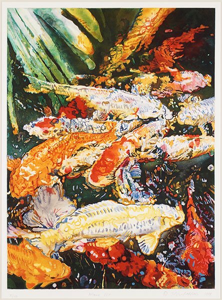 Joseph Raffael (American, B. 1933) Autumn Fish II.: Joseph Raffael (American, B. 1933) Autumn Fish II. Color etching and woodblock print, pencil numbered 21/40 LL, pencil titled lower center, and pencil signed and dated 1998 LR Plate: 23.5" x 17" Frame