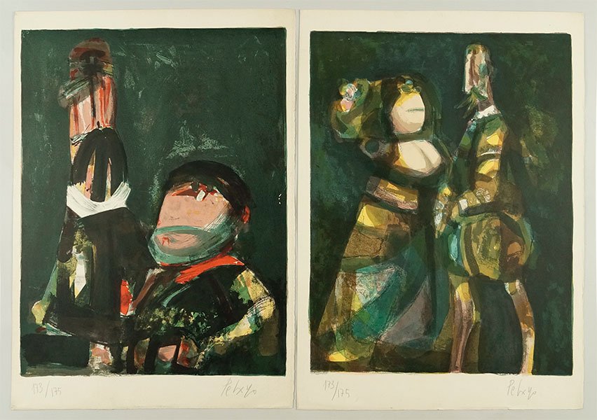 Orlando Pelayo (Spanish, 1920-1990) Two Color: Orlando Pelayo (Spanish, 1920-1990) Two Color Lithographs. Depicting figures. Each is pencil numbered 173/175 LL and pencil signed LR. Together with a color lithograph by Emilia Castenada (Plate: 22" 