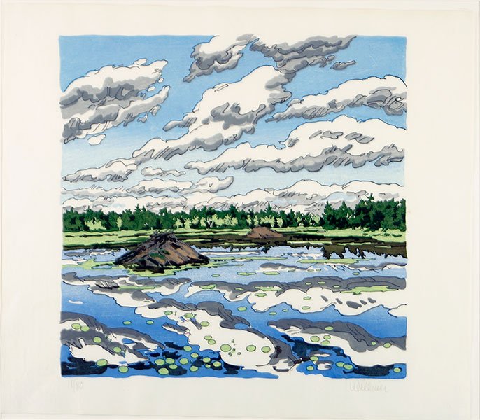 Neil Welliver (American, 1929-2005) Big Flowage.: Neil Welliver (American, 1929-2005) Big Flowage. Color woodblock print, pencil numbered 11/80 LL and pencil signed LR Sheet: 21.5" x 24" Frame: 29" x 32"