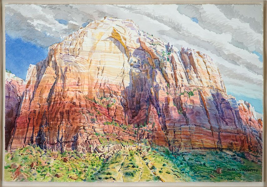 Merrill Mahaffey (American, B. 1937) Gothic Window,: Merrill Mahaffey (American, B. 1937) Gothic Window, Zion National Park, UT. Watercolor on paper, signed LR Sheet: 19" x 27" Frame: 30" x 38"