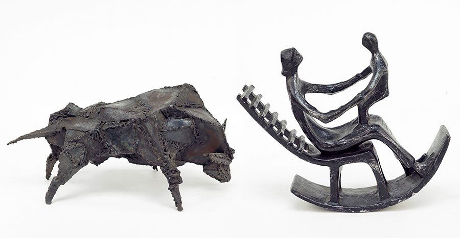 After Henry Moore (British, 1898-1986) Rocking Chair.: After Henry Moore (British, 1898-1986) Rocking Chair. Cast and patinated metal sculpture. Together with a welded steel sculpture of a bull Rocking chair height: 12.5"