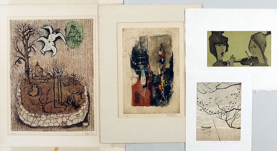 Johnny Friedlaender (German, 1912-1992) Untitled: Johnny Friedlaender (German, 1912-1992) Untitled Abstract. Color aquatint. Pencil numbered 41/100 LL and pencil signed LR. Together with three additional etchings by Lars Bo, Giraud, and Capozzoli (al