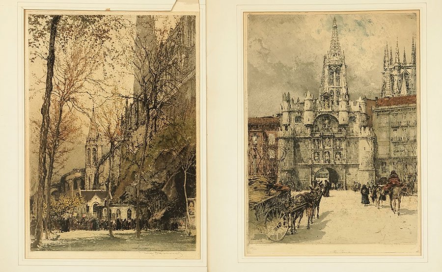 Luigi Kasimir (Austrian, 1881-1962) Two Color: Luigi Kasimir (Austrian, 1881-1962) Two Color Aquatints. Comprising 'Lourdes' and 'Burgos'. Each is pencil signed LR Each Sight: 16.5" x 11.75"