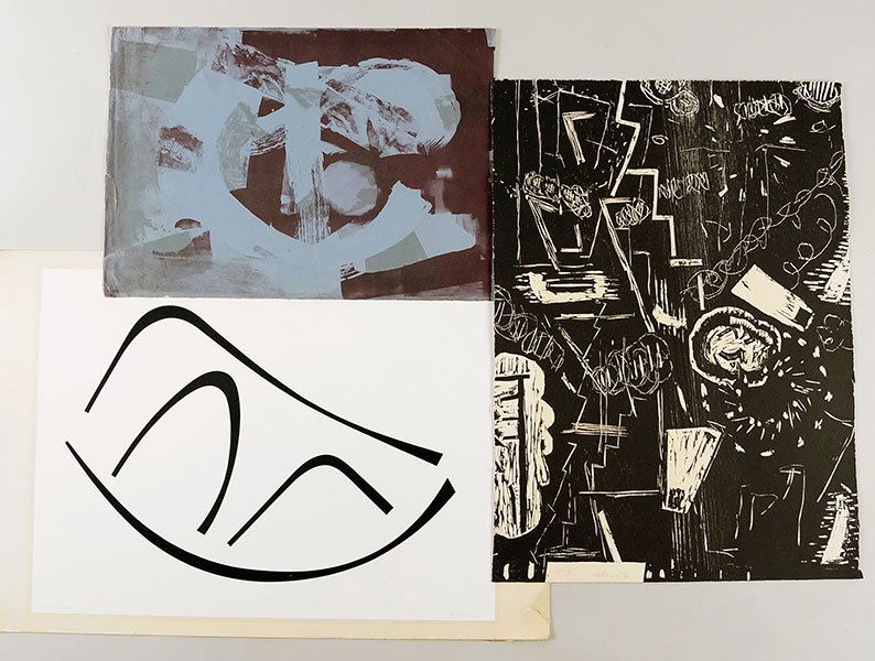 Katherine Porter (American, B. 1941) Untitled.: Katherine Porter (American, B. 1941) Untitled. Woodcut print. Pencil signed and numbered 37/85 LL. Together with seven additional lithographs and collages by John Grillo, Murray, Murray Zucker, Budd H