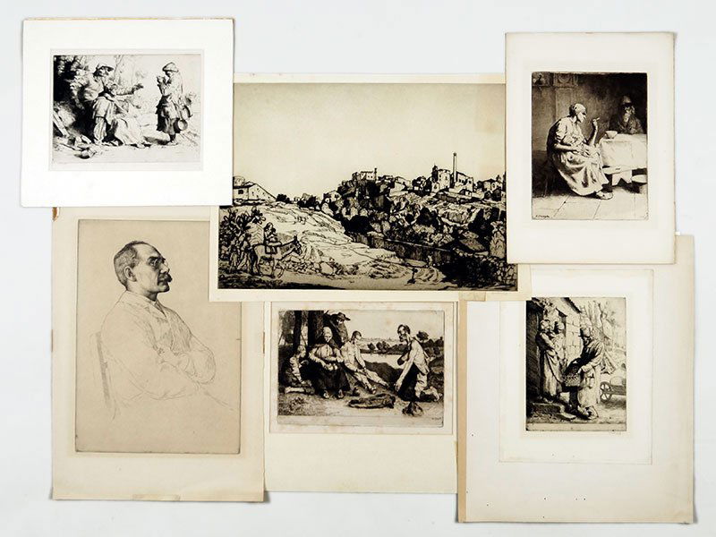 William Strang (Scottish, 1859-1921) Collection Of: William Strang (Scottish, 1859-1921) Collection Of Seven Etchings. Comprising signed and unsigned landscapes, figures, and other Largest Plate: 12.5" x 17.75"
