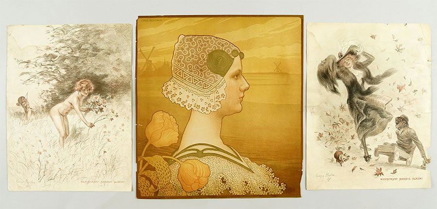 Paul Berthon (French, 1872-1909) La Reine Wilhelmine.: Paul Berthon (French, 1872-1909) La Reine Wilhelmine. Color lithograph. Together with a collection of lithographs by or after Jeanniot, Jules Cheret, George Redon, Theophile Steinlen, and other Sheet: