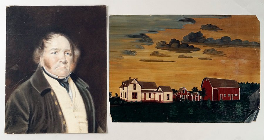 Artist Unknown (American, 19th Century) Portrait Of A: Artist Unknown (American, 19th Century) Portrait Of A Man. Pastel on unstretched canvas. Together with an oil on card, depicting a farm scene Portrait: 24" x 18.5"