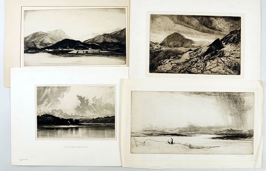 A Collection Of Five 20th Century British Landscape: A Collection Of Five 20th Century British Landscape Etchings. Comprising etchings by Charles Holroyd, B. Eyre Walker, Alfred Bentley, and Freda Marston. Each etching is pencil signed Largest Plate: 9.