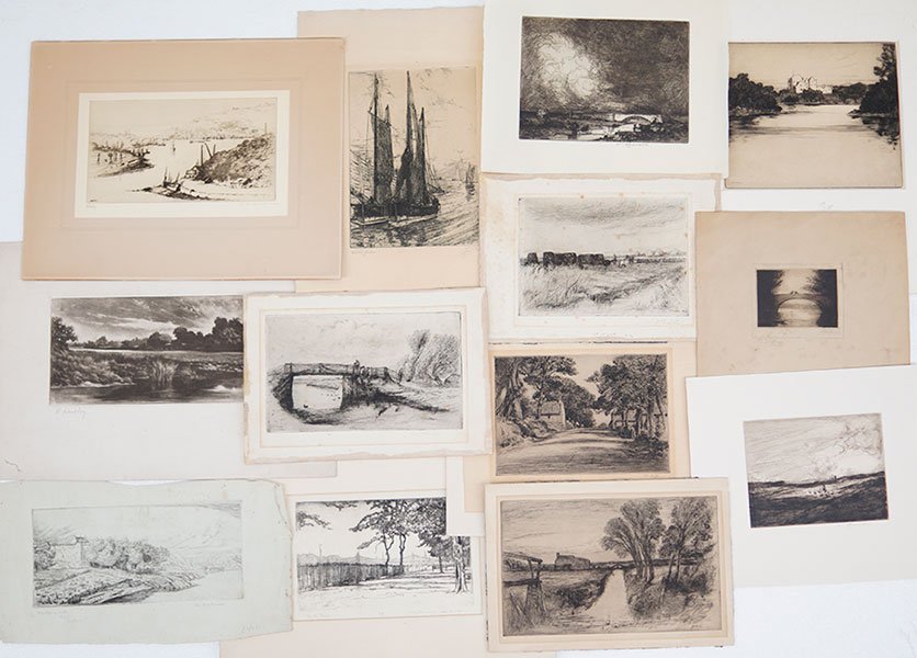 A Collection Of 19th And 20th Century British Landscape: A Collection Of 19th And 20th Century British Landscape Etchings. Comprising fourteen etchings by W. Renison, William Smith, R. Harltey, Tom Maxwell, Louis Thomson, and others. Each etching is pencil