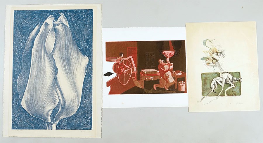 Warrington Colescott (American, B. 1921) Self Portrait: Warrington Colescott (American, B. 1921) Self Portrait Smoking. Color aquatint. Pencil numbered 4/20 LL, pencil signed and dated 1980 LR. Together with a signed lithograph by Lowell Nesbit, Tulip, and