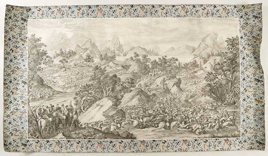 Artist Unknown (French, 18th Century) Mongolian Battle.: Artist Unknown (French, 18th Century) Mongolian Battle. Engraving trimmed and mounted as a scroll Print: 20" x 35"