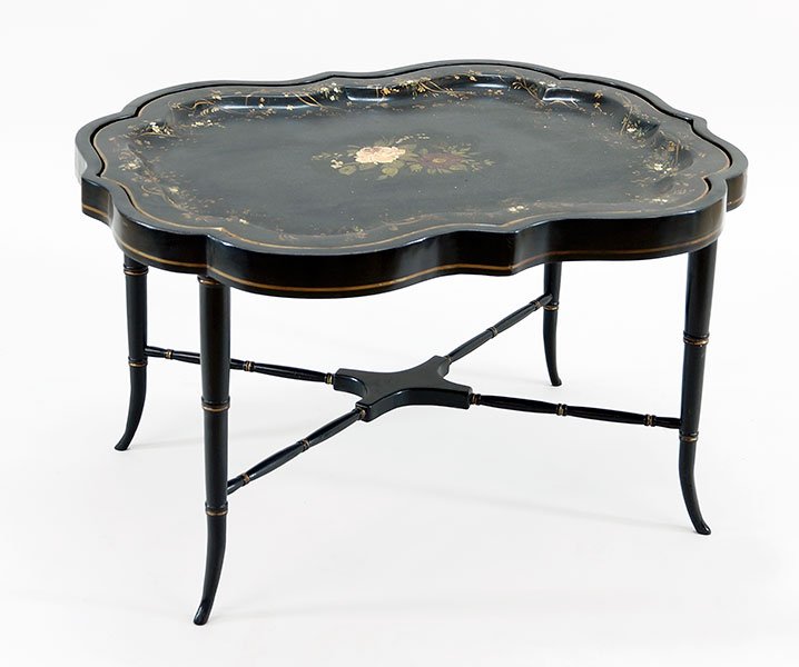 A Painted and Gilt Papier Mache Tray.: A Painted and Gilt Papier Mache Tray. Fitted as a cocktail table 20" x 33" x 26"