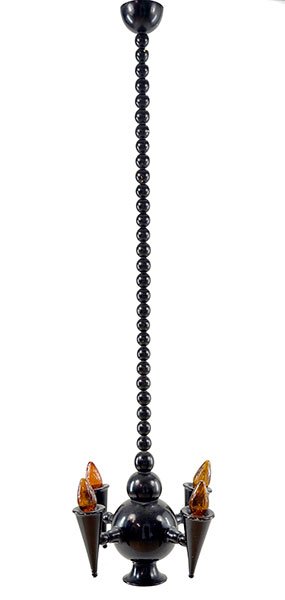 An Ebonized Turned Wood Hanging Fixture.: An Ebonized Turned Wood Hanging Fixture. Four-light bobbin turned fixture 56" x 19"