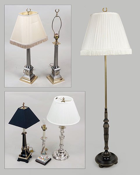 A Pair Of Frederick Cooper Two Tone Metal Table Lamps.: A Pair Of Frederick Cooper Two Tone Metal Table Lamps. Together with a carved wood and brass floor lamp, a Frederick Cooper ceramic table lamp, a Frederick Cooper silvertone table lamp, and a brass an