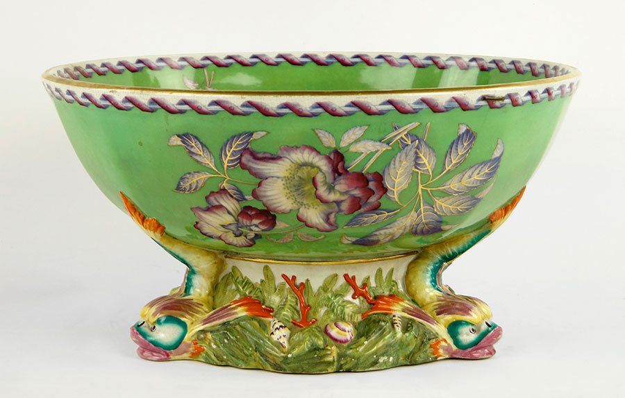 A 19th Century Elliot & Sons Punch Bowl.: A 19th Century Elliot & Sons Punch Bowl. Circa 1820, bearing impressed maker's mark on the underside. With a transfer decorated and gilt motif of flowers to the interior and outer perimeter, raised on