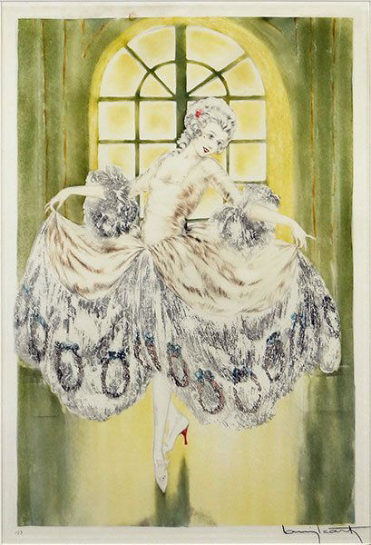 Louis Icart (1888-1950) Minuet.: Louis Icart (1888-1950) Minuet. Color drypoint and aquatine. Pencil signed LR and numbered 183 Sight: 21" x 14" Frame: 31" x 24.5"
