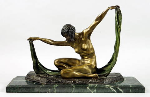 After Claire Colinet (1880-1950) Seated Dancer with: After Claire Colinet (1880-1950) Seated Dancer with Drapery. Polychrome bronze sculpture. Inscribed "Cl. J.R. Colinet" on the base. Set on a green marble base Overall height: 15"