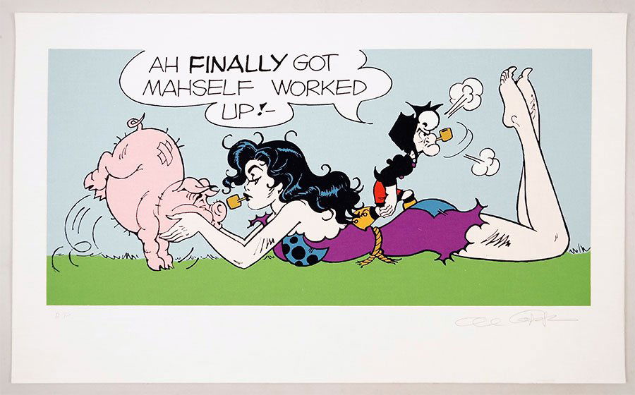 Al Capp, American, 1909-1979) Ah Finally Got Mahself: Al Capp, American, 1909-1979) Ah Finally Got Mahself Worked Up. Serigraph on linen paper, pencil inscribed 'A.P.' LL and pencil signed LR Sight: 15" x 32" Sheet: 21.5" x 36"