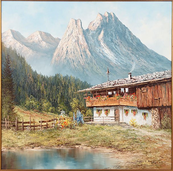 Kurt Moser (German, 1926-1982) Waxensteine, Bavaria.: Kurt Moser (German, 1926-1982) Waxensteine, Bavaria. Oil on canvas, signed LR Canvas: 36" x 36" Frame: 43" x 43"