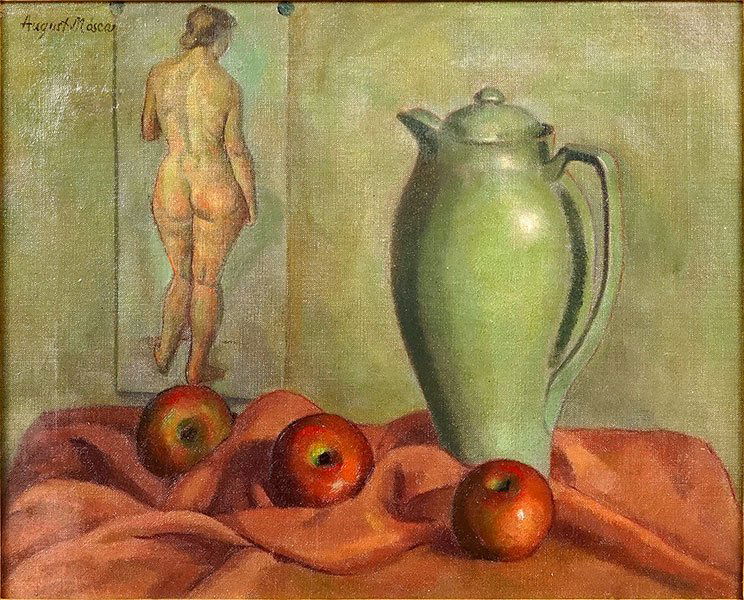 August Mosca (Italian, 1909-2002) Still Life With Nude.: August Mosca (Italian, 1909-2002) Still Life With Nude. Oil on canvas. Signed upper left Canvas: 16" x 20" Frame: 23.5" x 27.5"