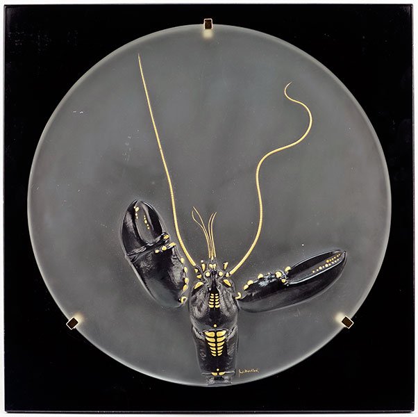 Paul Wunderlich (German, 1927-2010) Glass Relief: Paul Wunderlich (German, 1927-2010) Glass Relief 'Lobster'. A glass disk with raised relief lobster bearing gilt accents, signed LR, mounted to a black lacquered wood frame. Verso reads 'Rosenthal Lim