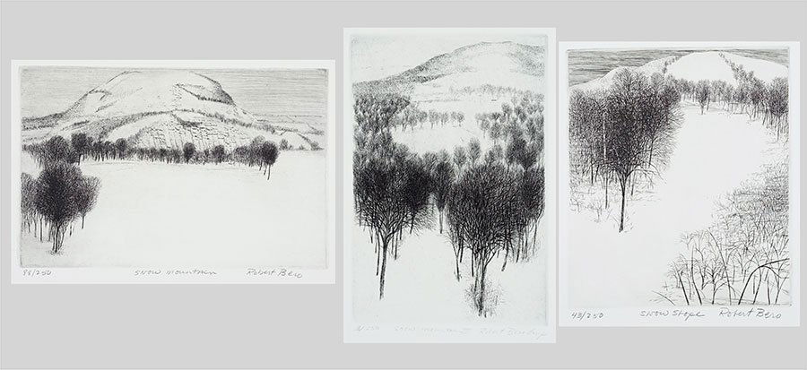 Robert Bero (American, 1941-2007) Three Etchings.: Robert Bero (American, 1941-2007) Three Etchings. 'Snow Mountain' pencil numbered 88/250, 'Snow Mountain III' pencil numbered 3/250, and 'Snow Slope' pencil numbered 43/250. All pencil signed LR Avera