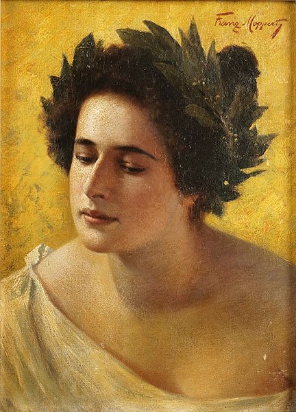 Franz Moppert (Germany, 1867-1906) Woman With Laurel: Franz Moppert (Germany, 1867-1906) Woman With Laurel Wreath. Oil on canvas. Signed upper right Canvas: 18" x 13.25" Frame: 23.75" x 18.75"