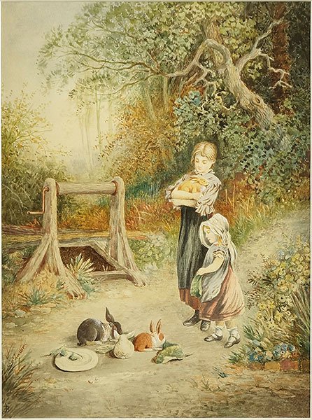 Myles Birket Foster (British, 1825-1899) Maidens With: Myles Birket Foster (British, 1825-1899) Maidens With Rabbits. Watercolor on paper. Signed LL Sight: 12" x 9" Frame: 20" x 16"