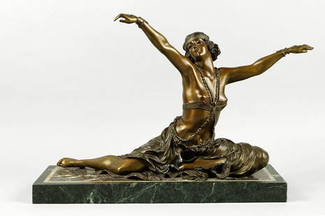 Claire Colinet (French, 1880-1950) Egyptian Dancer.: Claire Colinet (French, 1880-1950) Egyptian Dancer. Bronze sculpture with brown patina. Inscribed "Cl. J.R. Colinet" on the marble base Overall height: 16.25"