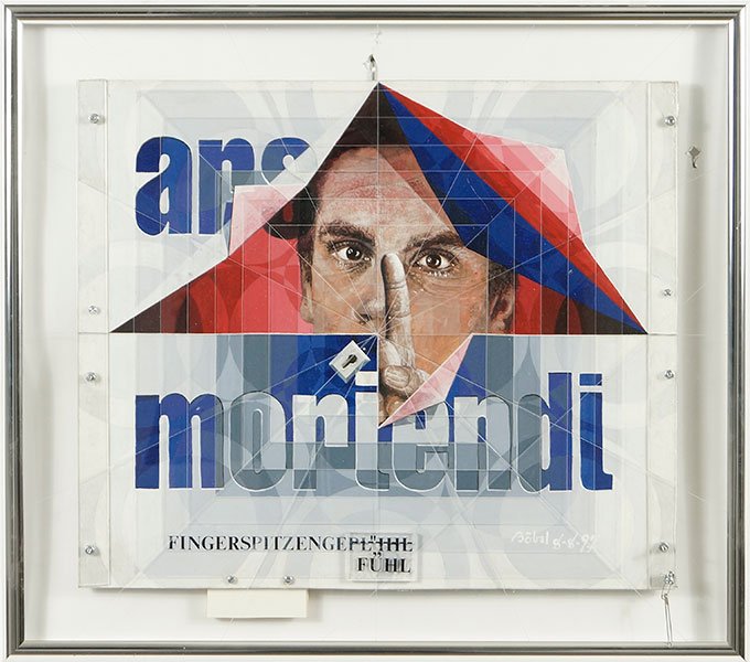 Tucker Bobst (American, 1923-2008) Ars Moriendi / The: Tucker Bobst (American, 1923-2008) Ars Moriendi / The Art of Dying. Mixed media on board affixed to a lucite pane, signed and dated '97 LR and en verso Board: 18.5" x 22" Frame: 24.5" x 27.5"