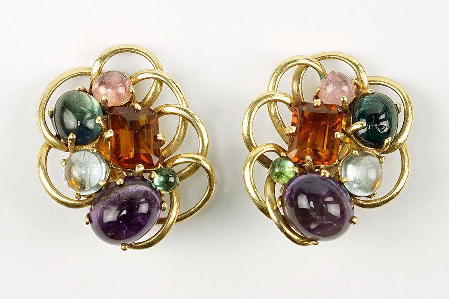A Pair of Gem Set 14 Karat Yellow Earclips. (1 of 1)