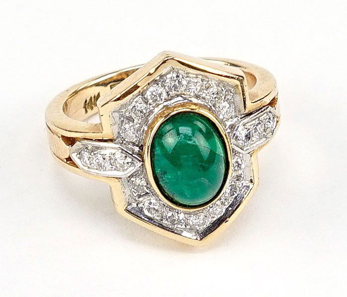 An Emerald, Diamond, and 14 Karat Gold Ring. (1 of 1)