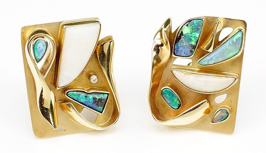 A Pair of Opal and 14 Karat Yellow Gold Earclips. (1 of 1)