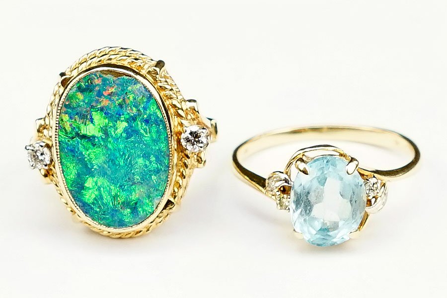 An Opal, Diamond, and 14 Karat Yellow Gold Ring. (1 of 1)