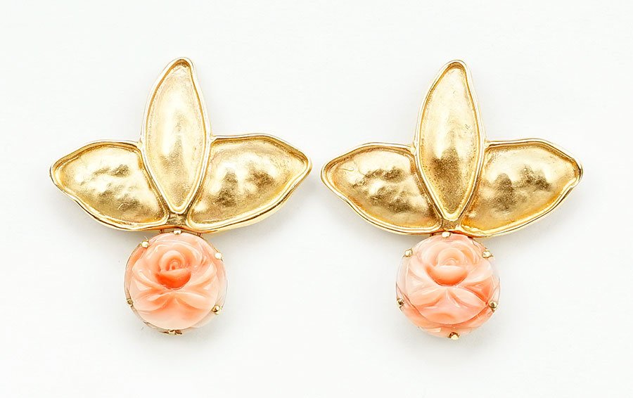 A Pair of Coral and 14 Karat Yellow Gold Earrings. (1 of 1)