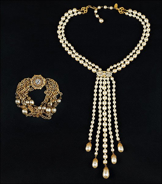 A Miriam Haskell Faux Pearl Double Strand Necklace.: A Miriam Haskell Faux Pearl Double Strand Necklace. Toghether with a Miriam Haskell faux pearl, goldtone, and rhinestone five strand bracelet Necklace: 16"