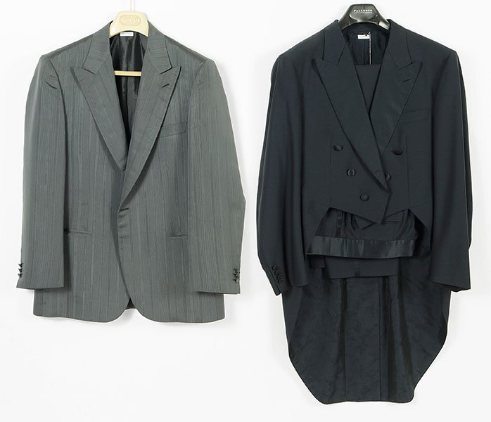 A Brioni Men's Wool Tuxedo Jacket With Tails.: A Brioni Men's Wool Tuxedo Jacket With Tails. Together with a coordinating pair of trousers (Each: 48 US) and a Brioni gray satin jacket (Size: 42 US)