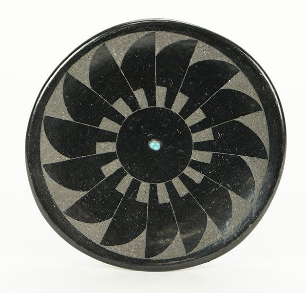 A Juan Tafoya San Ildefonso Pueblo Pottery.: A Juan Tafoya San Ildefonso Pueblo Pottery. Dated 1978, pin wheel black motif Diameter: 5.5"