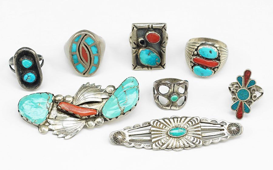 A Navajo Turquoise, Coral, And Silver Brooch. (1 of 1)