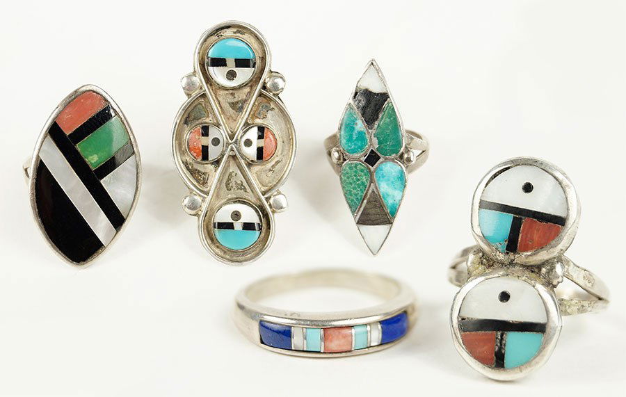 A Group Of Five Zuni Inlay And Silver Rings. (1 of 1)