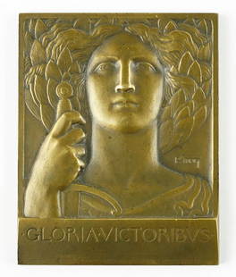 Pierre Turin (French, 1891-1968) Gloria Victoribus.: Pierre Turin (French, 1891-1968) Gloria Victoribus. Patinated bronze medal. Signed "P. Turin" along right side beneath laurel wreath. Reverse reads "L'Amicale de Laide Immediate A Joseph Audeval 1934"