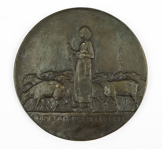 Henri Bouchard (French, 1875-1960) Il Etait Une: Henri Bouchard (French, 1875-1960) Il Etait Une Bergere. Patinated bronze medal, bearing stamped signature at the lower center, etched number 75/150 and signature on the reverse Diameter: 3 7/8"