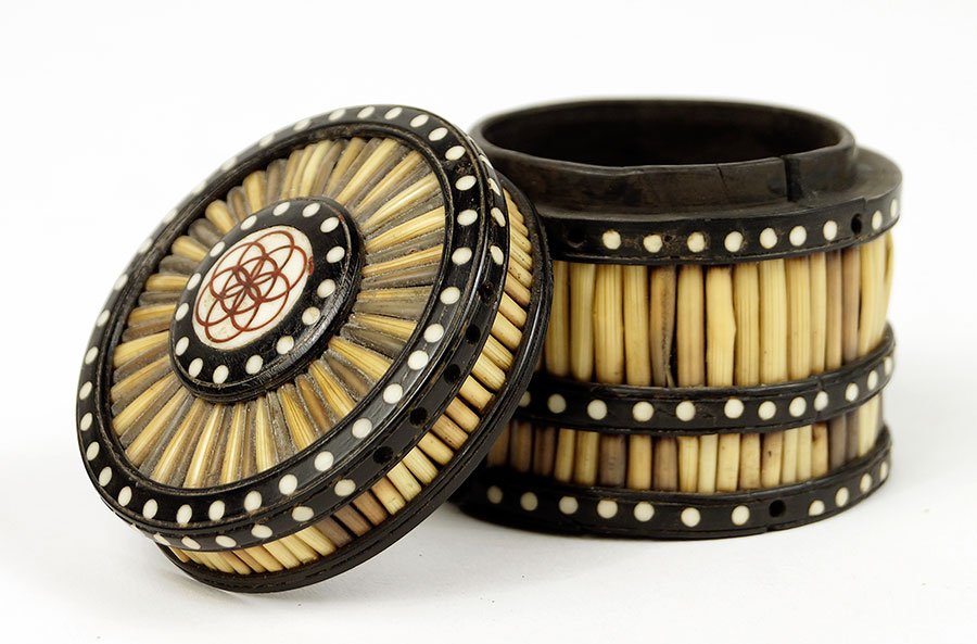 A Porcupine Quill with Ebony Box.: A Porcupine Quill with Ebony Box. Box is banded with ebony and possibly inlaid ivory or bone, circa 19th Century 2.25" x 2.5"