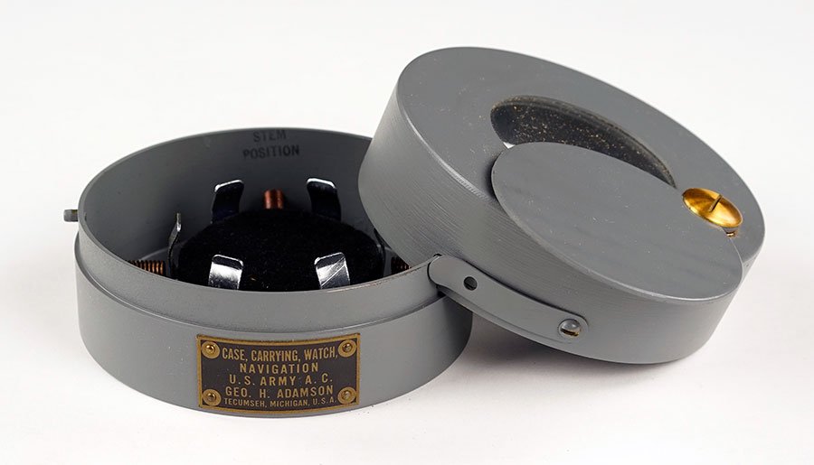 A United States Army Issue Watch Carrying Case.: A United States Army Issue Watch Carrying Case. Geo. H. Adamson Tecumseit, Michigan. Case does not contain watch. With original box 2" x 4"