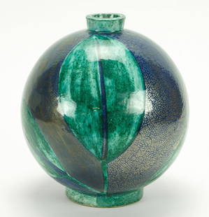 Edouard Cazaux (French, 1898-1974) Vase.: Edouard Cazaux (French, 1898-1974) Vase. Enamelled stoneware spherical vase. Crackle blue ground with green split mottled leaves. Underside is signed "CLV Made in France". Circa 1925-1929 Height: 10.5