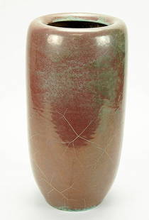 Richard Uhlemeyer (German, 1900-1954) Vase.: Richard Uhlemeyer (German, 1900-1954) Vase. Glazed stoneware vase with red "shard" decoration over a turquoise ground. Bearing a paper label reading "Kunsthandwerk" Height: 16"