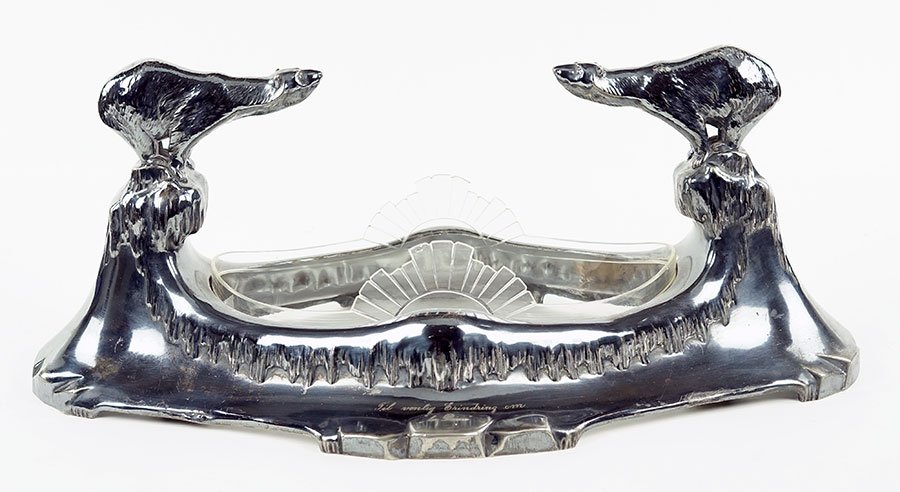A Danish Silverplate Centerpiece.: A Danish Silverplate Centerpiece. Silverplate over bronze centerpiece depicts polar bears atop mountains on opposing sides. Irregular base tapers upwards to an icicle border which continues upwards to