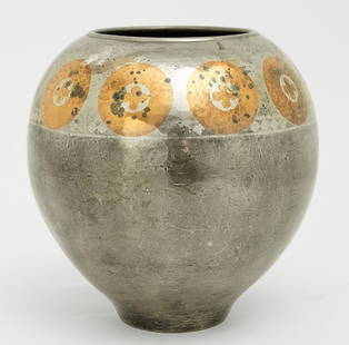 Claudius Linossier (French. 1893 - 1953) A Dinanderie: Claudius Linossier (French. 1893 - 1953) A Dinanderie Vase. Hand crafted mixed metal vase in copper and silver over metal. Hammered decoration throughout body with a ring of copper circles that have q